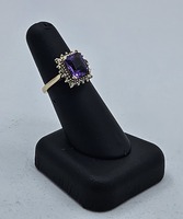 Ladies' 14kt Yellow Gold With Amethyst Emerald Cut Halo Set With Diamonds Size 7