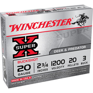 Winchester Super-X 20 Gauge Ammo 2 3/4" #3 Buck 20 Pellets XB203