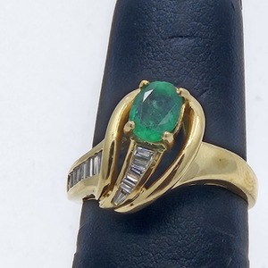  18k Yellow Gold Bypass Style Ring With .67ct Oval Emerald Ring